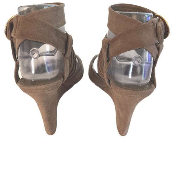 Louis Vuitton Camel Suede Wedge Ankle Wrap Sandals Gold LV Buckle Size 37 (US 7) - Picture 9 of 14